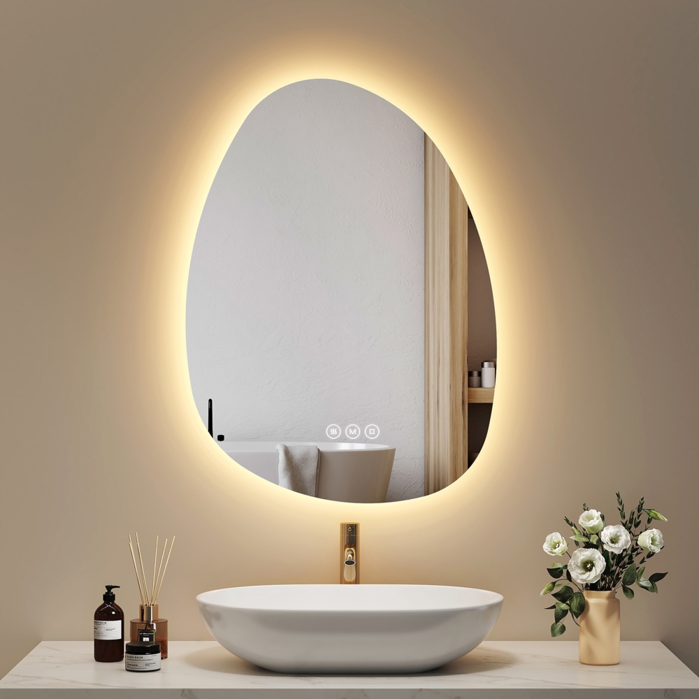 EMKE Spiegel mit Beleuchtung Asymmetrischer LED Badspiegel mit Beleuchtung 75 x 55 cm Touch-Schalter, 3 Lichtfarben Dimmbar, Beschlagfrei Badezimmerspiegel mit Beleuchtung IP44 Energiesparend Bild 1