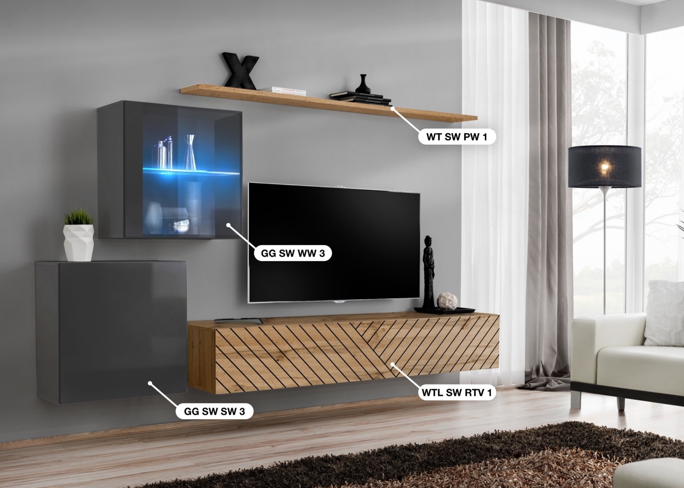 Wohnwand Switch Lamel, Korpus: Graphit, Wotan / Front: Graphit hochglanz PVC, Wotan PVC (gerillt) Bild 1