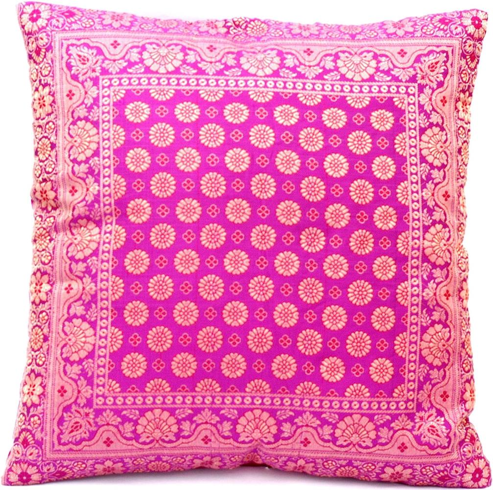 Handgewebter indischer Banarasi Seide Deko-Kissenbezug, Blumen Muster in Rosa - 40 cm x 40 cm Bild 1