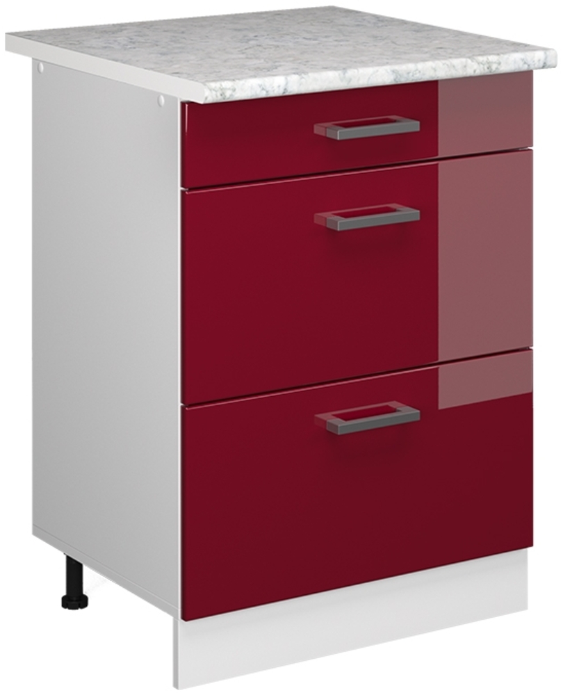 Vicco Küchenunterschrank Bordeaux Hochglanz 60 cm mit Schubladen, AP Marmor, R-Line Bild 1