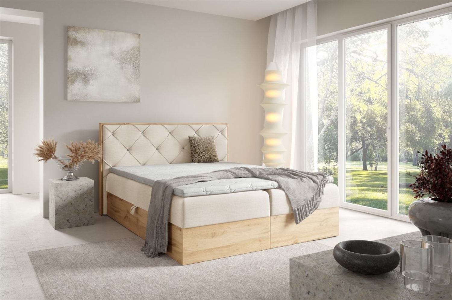 Boxspringbett Schlafzimmerbett HELIOS 140x220cm in Stoff Rouge Creme Bild 1