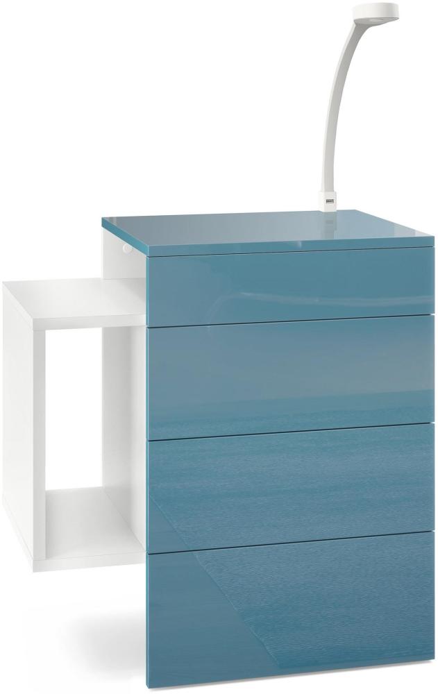 Vladon Nachttisch Queens, Nachttischschrank mit 2 Schubladen und 1 seitlichem Fach zur Wandmontage, Weiß matt/Petrol Hochglanz, inkl. LED Flexi Lampe weiß (60 x 63 x 36 cm) Bild 1
