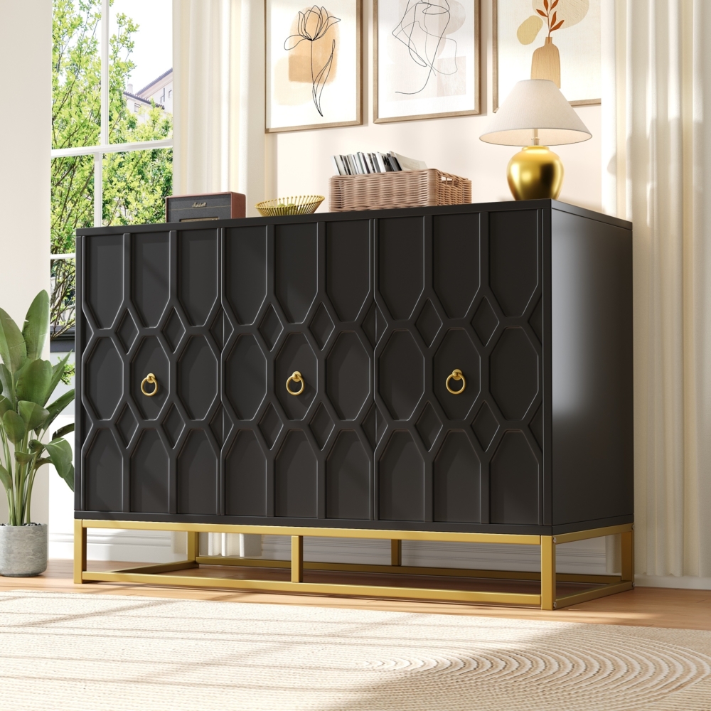 Merax Sideboard(120×40×85cm), buffetschrank, cabinets, Esszimmer Wohnzimmer Aufbewahrungsschränke, Gemusterte Schränke, Freistehende Schränke, Küchenmöbel, Sideboard mit stabilen Eisenrahmenbeinen, schwarz Bild 1