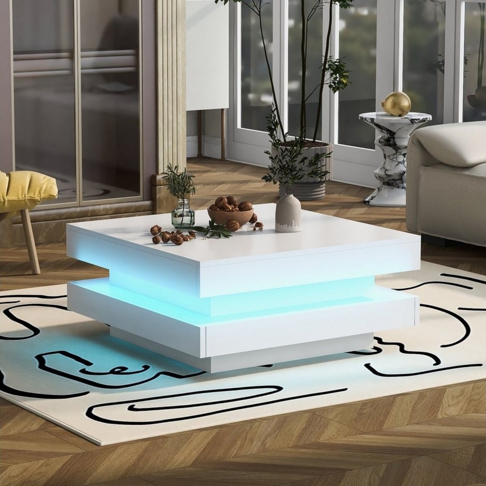 OKWISH Couchtisch (Quadratischer Couchtisch in Weiß - moderner technologischer Stil), mit 16-farbiger LED-Beleuchtung, 70 x 70 x 36 cm Bild 1