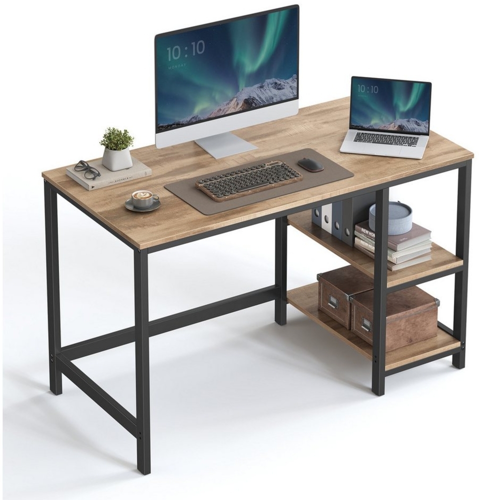 VASAGLE Schreibtisch, Computertisch, PC-Tisch, Bürotisch, mit 2 Ablagen auf der rechten oder linken Seite, fürs Büro, Wohnzimmer, Stahlgestell, Industrie-Design, kamelbraun-tintenschwarz Bild 1