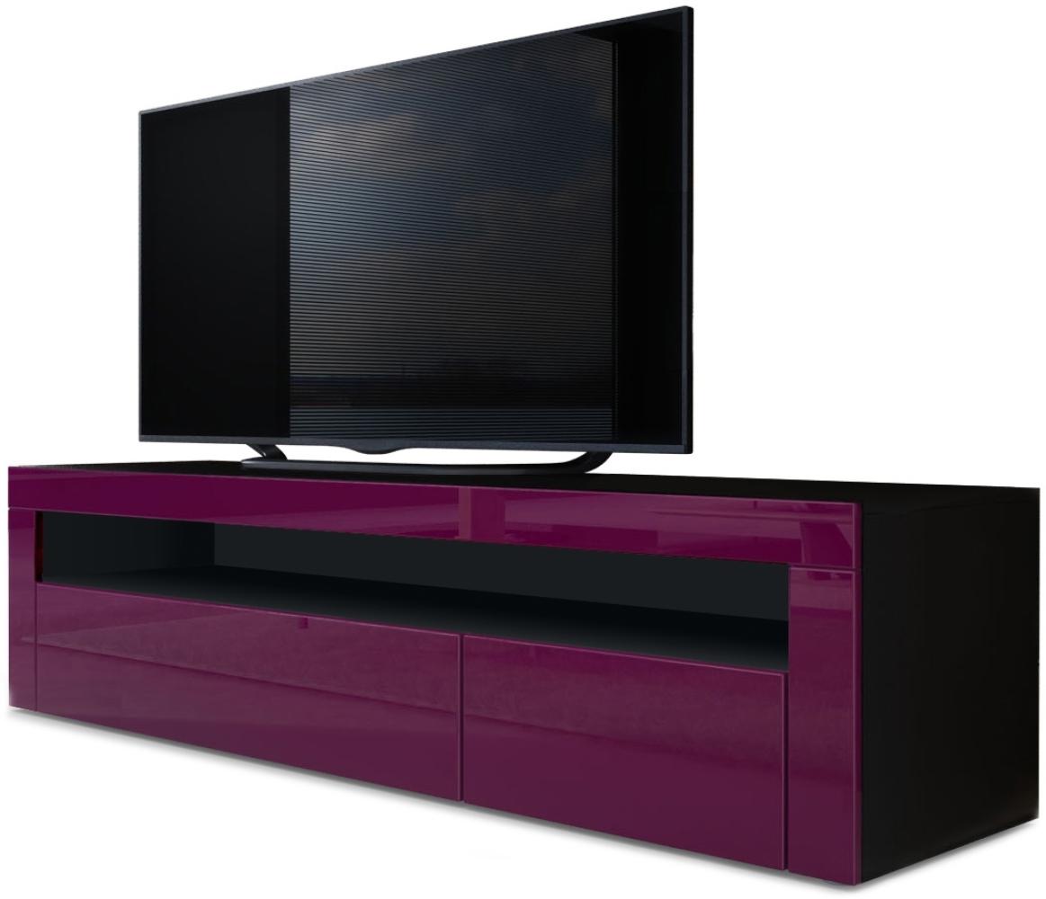 Vladon Lowboard Valencia, TV-Kommode mit 1 offenem Fach und 2 Klappen, Schwarz matt/Brombeer Hochglanz/Brombeer Hochglanz (155 x 46 x 40 cm) Bild 1