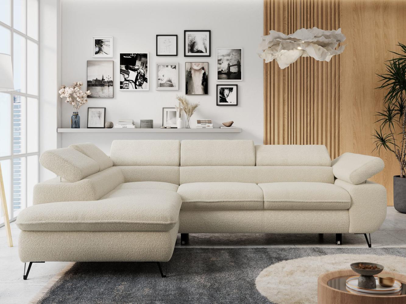 Mks Möbel 'Peter L-form' Ecksofa mit Bettfunktion, Bettkasten & einstellbaren Kopfstützen, Beige, Boucle, mit Topper, links Bild 1