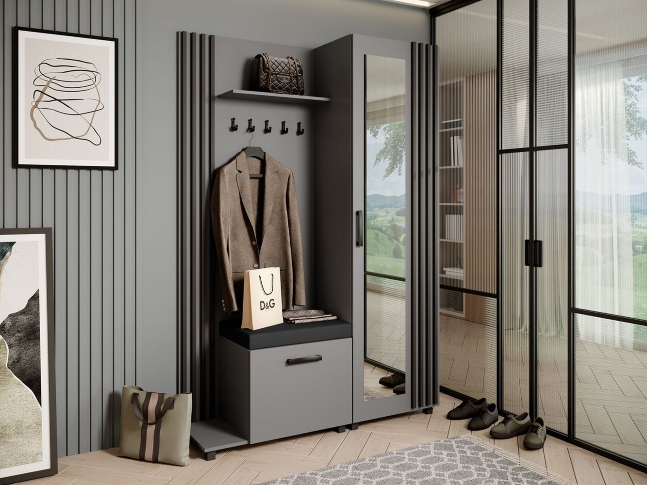 Beautysofa Garderobenschrank Garderoben-Set mit Aufhängern und Spiegel LIVIA (Geräumiger Schuhschrank) mit praktischer Kleiderstange Bild 1