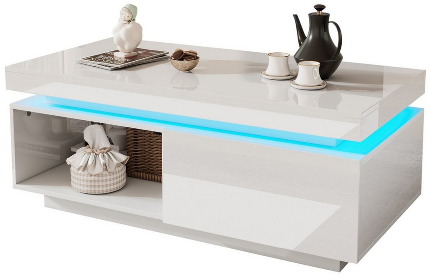 autolock Couchtisch Moderner Hochglanz-Couchtisch mit LED-Beleuchtung,Eleganter Tisch, Sofatisch,100x50x40,3 cm,mit Schublade und 50 kg Tragkraft Bild 1