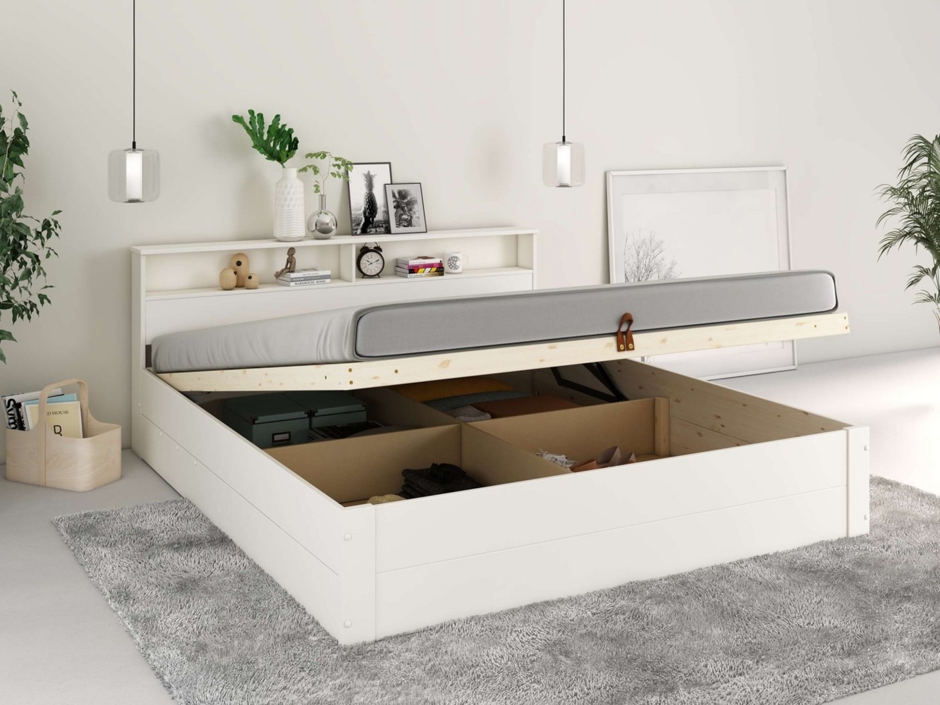 Home affaire Stauraumbett MAREILLES (140x200cm und 180x200cm), Massivholz, Hebemechanismus, Stauraum im Kopfteil und unter dem Bett Bild 1