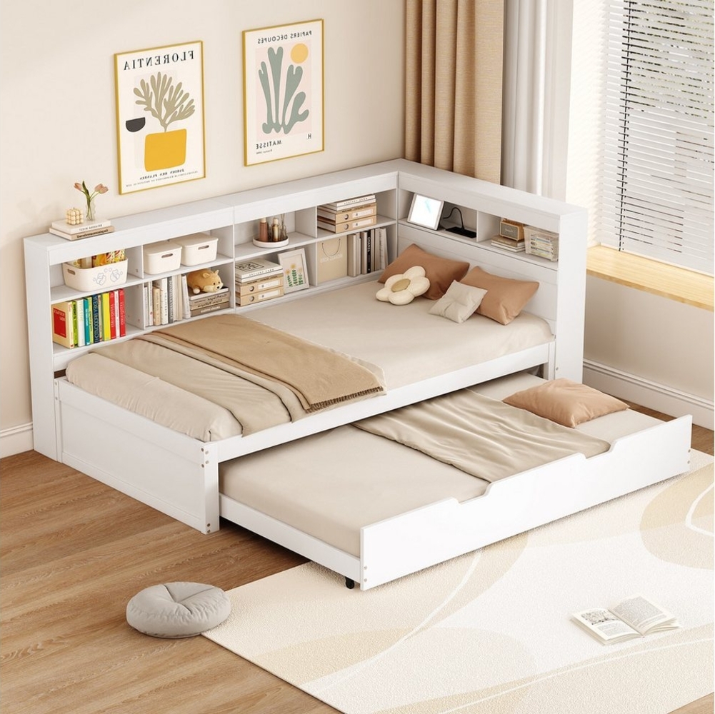 HAUSS SPOLE Schlafsofa 90x190/200, Ausziehbares Bett mit USB-Steckdose, Ablagefächern, Weiß Bild 1