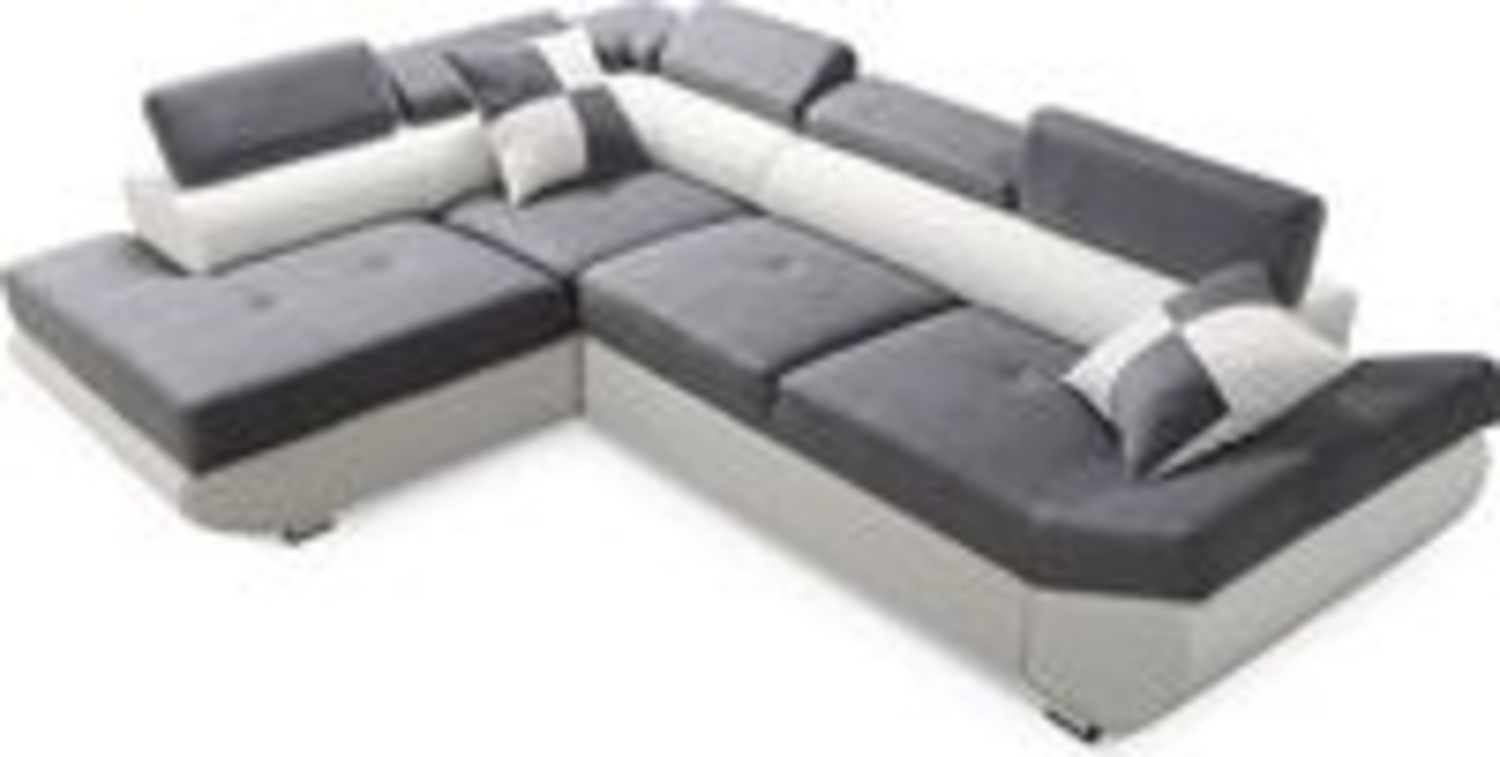 Robin Saturn Ecksofa Schlaffunktion Bettkasten 5 Verstellbare Kopfstützen 2 Kissen Sofa L-Form Schlafsofa Freistehende Eckcouch Schlafcouch Wohnzimmermöbel Wohnlandschaft Links grau+weiss (H 86 x T 200 x B 280 cm) Bild 1
