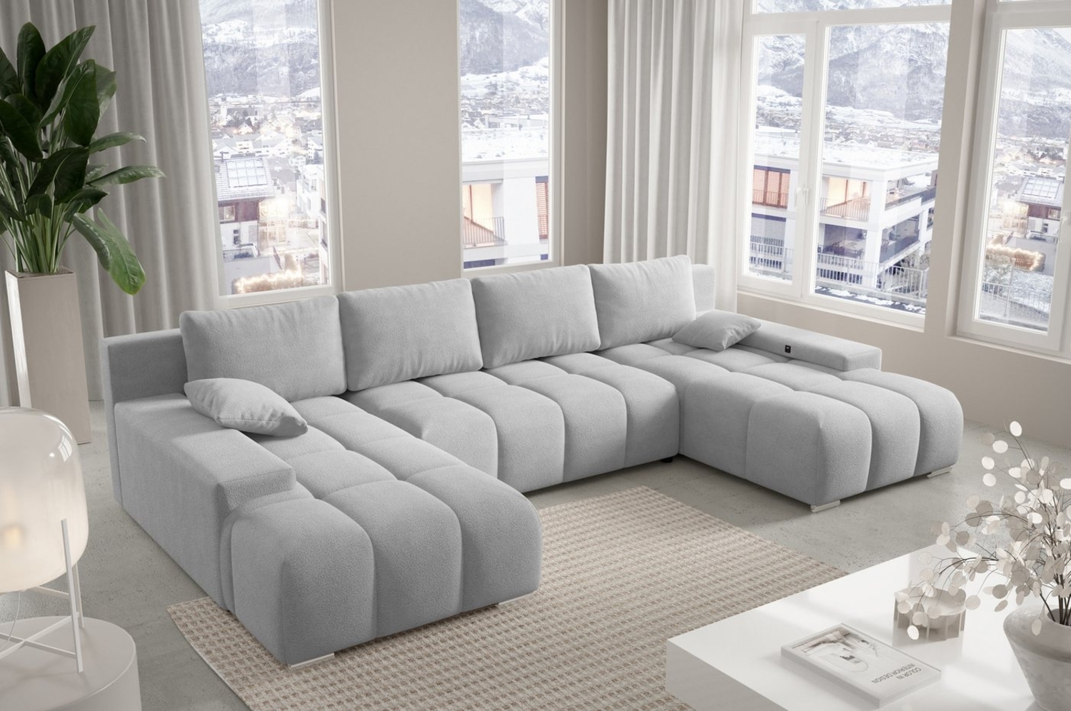 PROMETO Möbel Ecksofa Ecksofa Couch U-Form, Teddy-Bouclé Stoff Schlaffunktion, USB inkl Bild 1