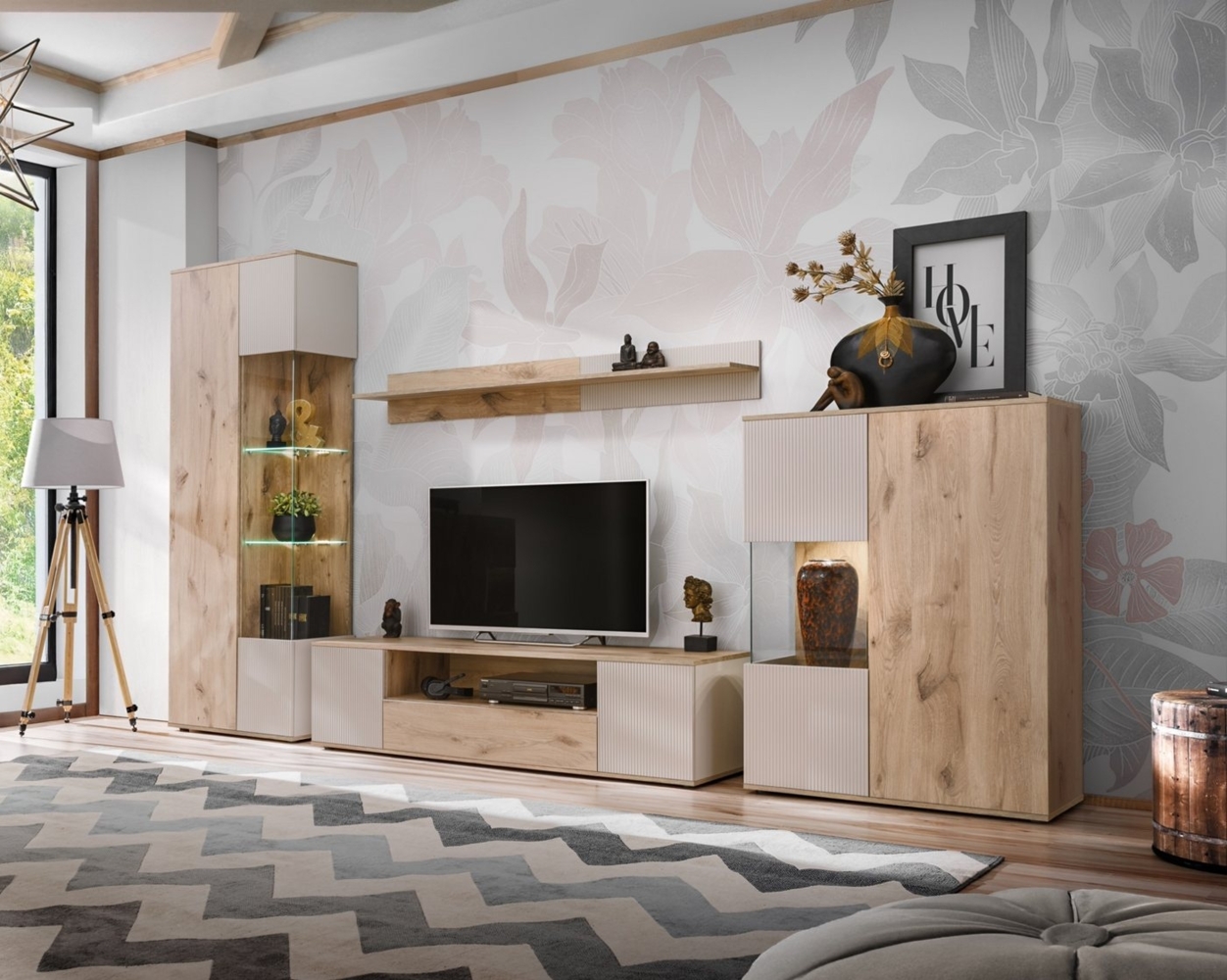 ASM-Moebel Wohnwand Wohnwand CATALINA mit Rillenfront und LED und Push - Click, Mit Led Beleuchtung und Push-Click System. Bild 1
