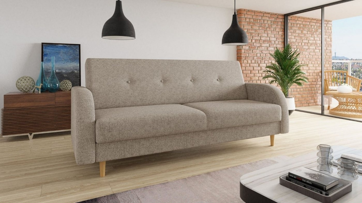 Schlafsofa Kelso - Sofa mit Bettkasten und Schlaffunktion, Bettsofa, Schlafcouch mit Holzfüße (Beige (Twist 02)) Bild 1