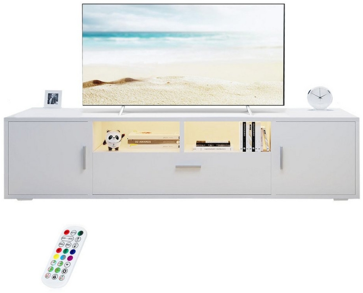 LETGOSPT TV-Schrank LED Fernsehschrank 160 cm, Hochglanz Lowboard mit 3 große Schubladen Wohnzimmer TV-Schrank, 2 offenes Ablagefach, 3 Schubladen mit Griff Bild 1