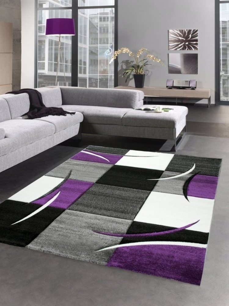 Carpetia Teppich Designer Teppich Wohnzimmerteppich karo lila grau creme schwarz, rechteckig, Höhe: 13 mm Bild 1