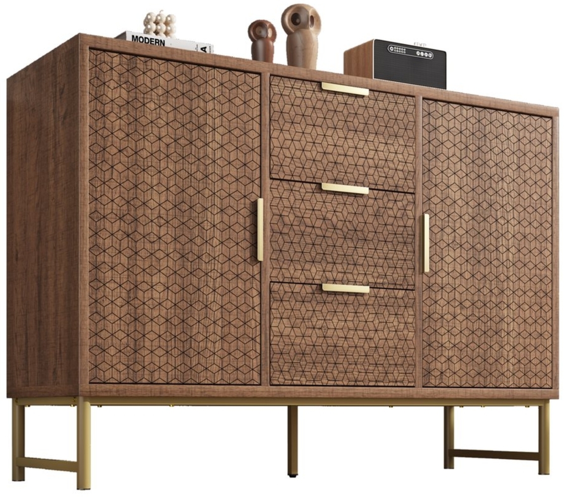 HAUSS SPOLE Sideboard mit Metallgriffen, 3 Schubladen, 2 Türen, verstellbare Fächer, Braun (Kommode, Schubkastenkommode, 1 St, 3 Schubladen und 2 Türen), mit stilvollem Reliefdesign,Holzmaserung,17cm Bodenfreiheit Bild 1