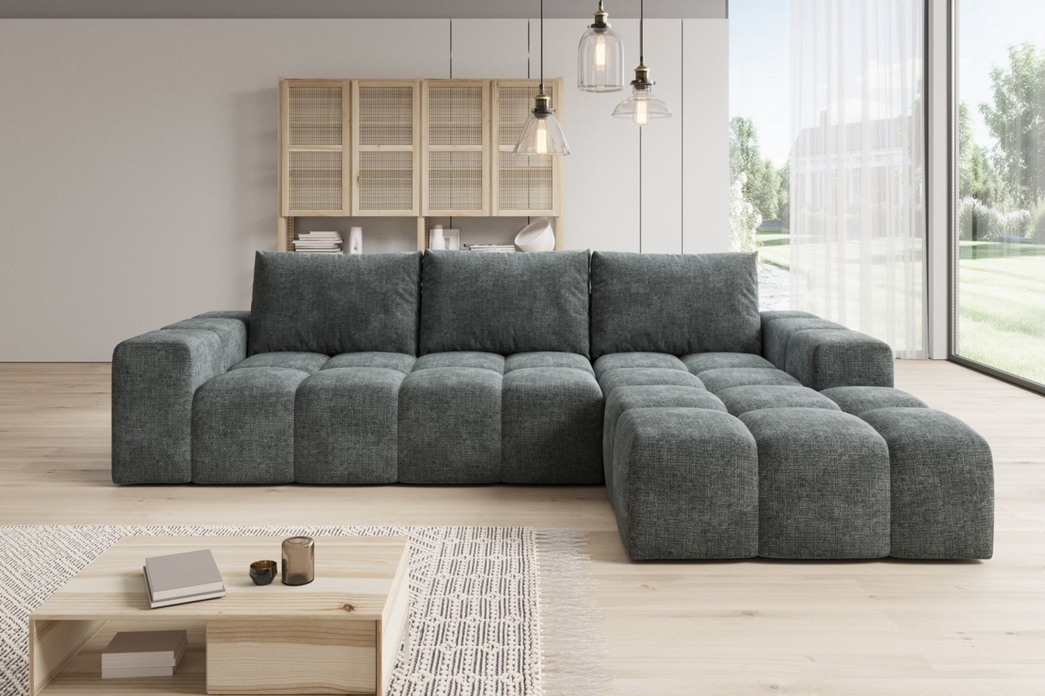PROMETO Möbel Ecksofa Cento Couch L-Form,Sofa Links/Rechts Teddy-Bouclé-Stoff oder Webstoff Bild 1