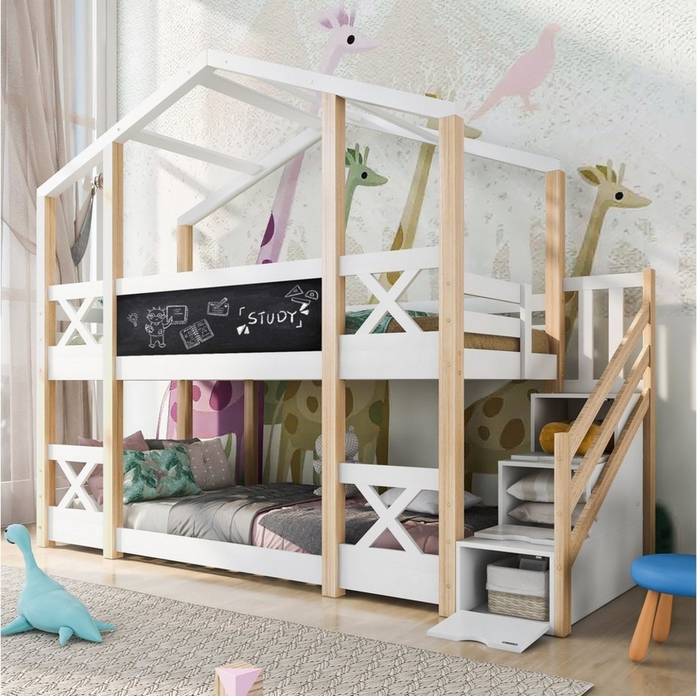 Merax Etagenbett, mit Tafeln und Treppen, Kinderbett 90x200cm mit 2 Liegeflächen, Kiefer Bild 1