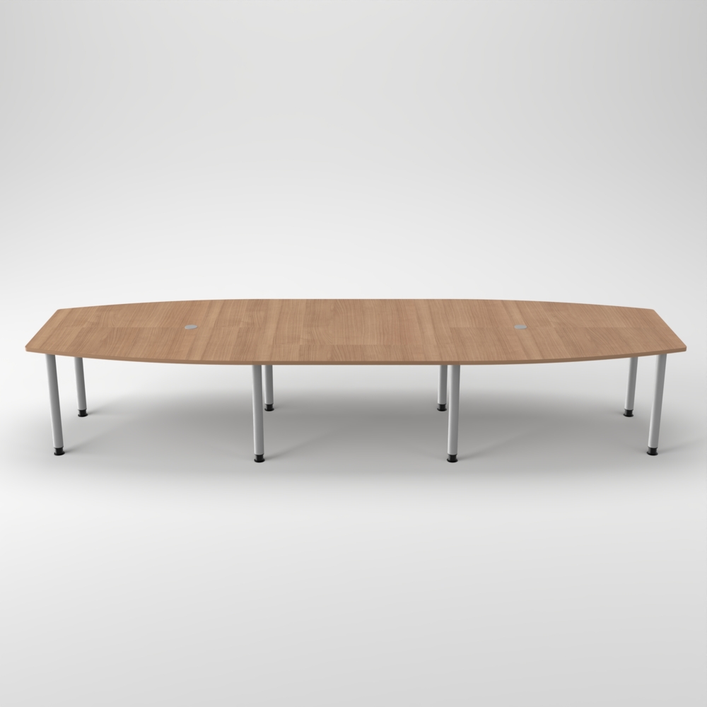 Rheinland Möbel Konferenztisch KONTI 400x130 cm – ovaler Besprechungstisch in Nussbaum mit silbernen Rundrohrfüßen & 2 Kabelauslässen, erweiterbarer Meetingtisch für 12–14 Personen, moderner XXL-Tisch fürs Büro Bild 1