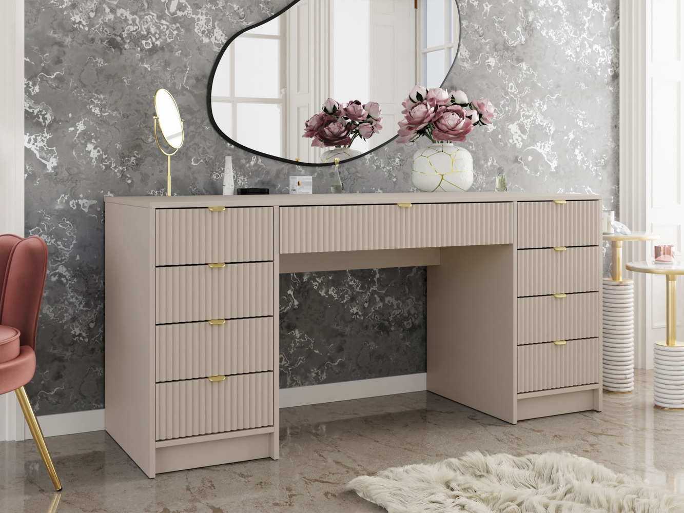 Schreibtisch Tireno Bis mit 9 Schubladen (Farbe: Sandbeige) Bild 1