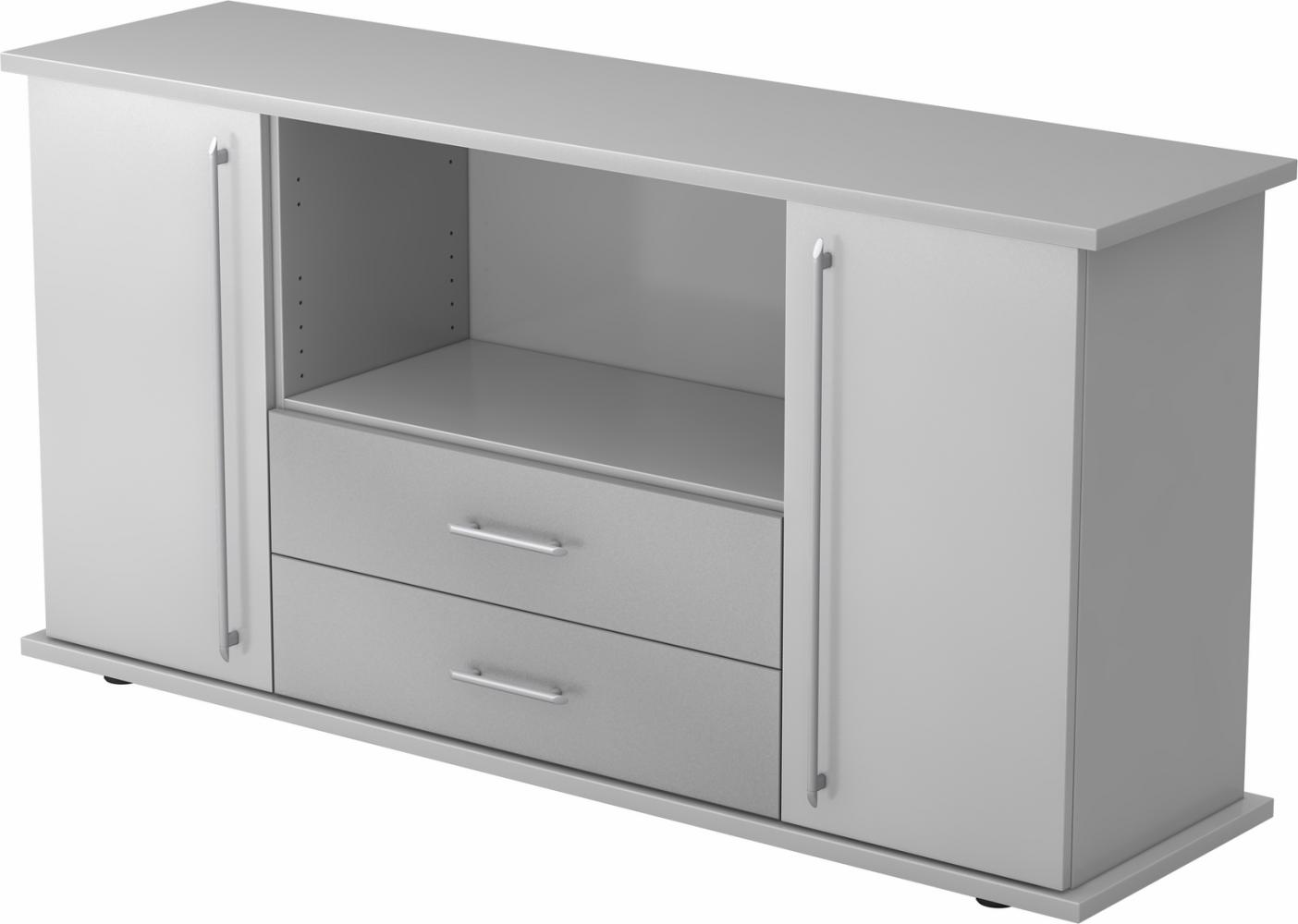 bümö Sideboard grau mit Flügeltüren & Regal - Büromöbel Sideboard mit Schubladen Holz 166cm breit, 45cm schmal, Büro Schrank für Flur oder als Wohnzimmer-Kommode mit Relinggriff, SBTS-5-5-RE Bild 1