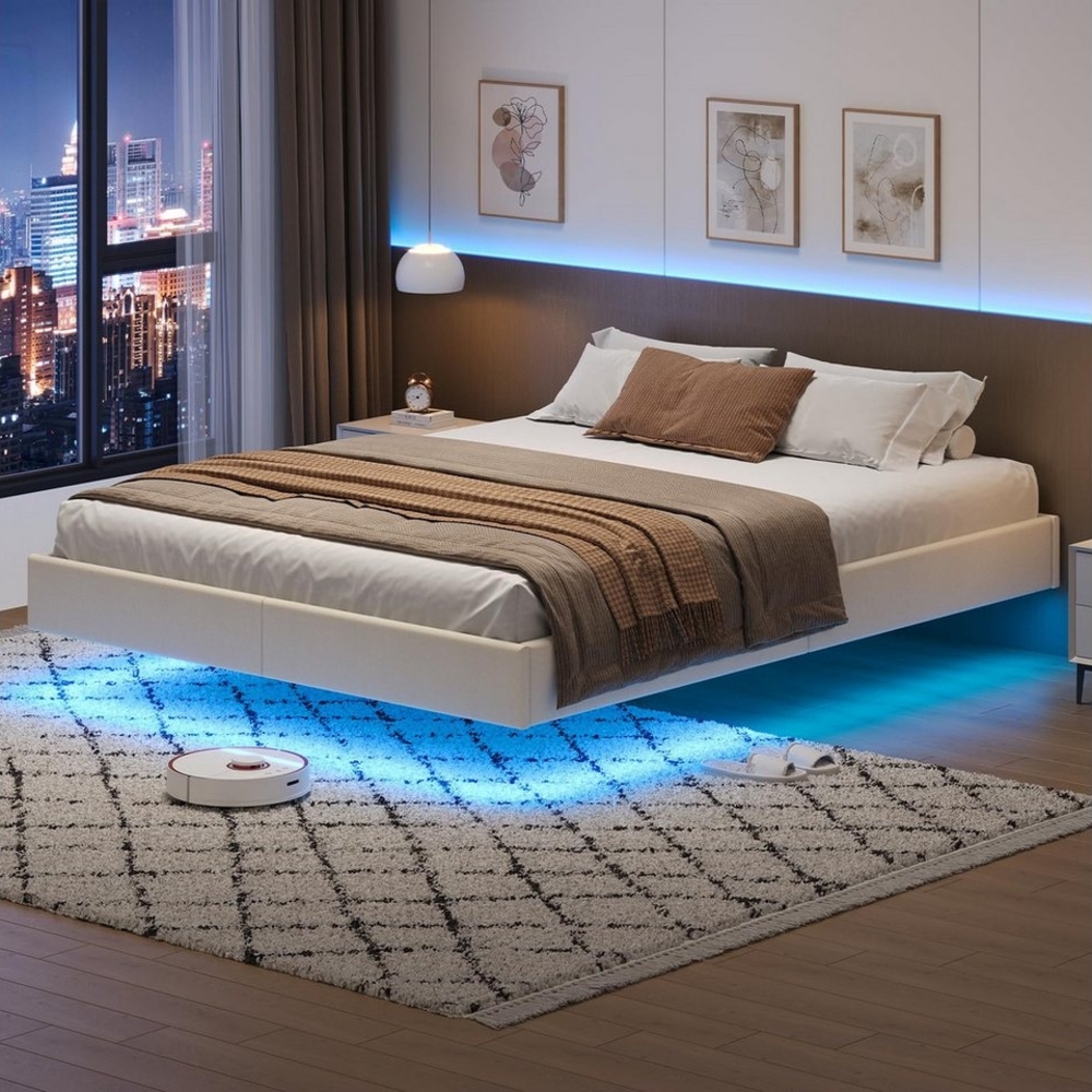 MSMASK Bett mit LED Beleuchtung Schwebender Polsterbett, 140 x 190 cm, PU Beige Bild 1