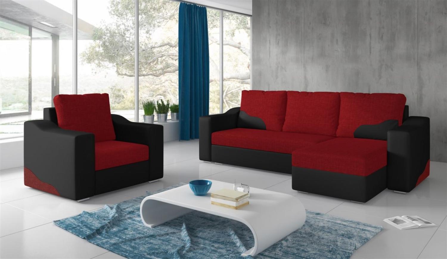 Ecksofa Set COLLIN Ottomane Rechts + Sessel Schwarz / Rot Bild 1