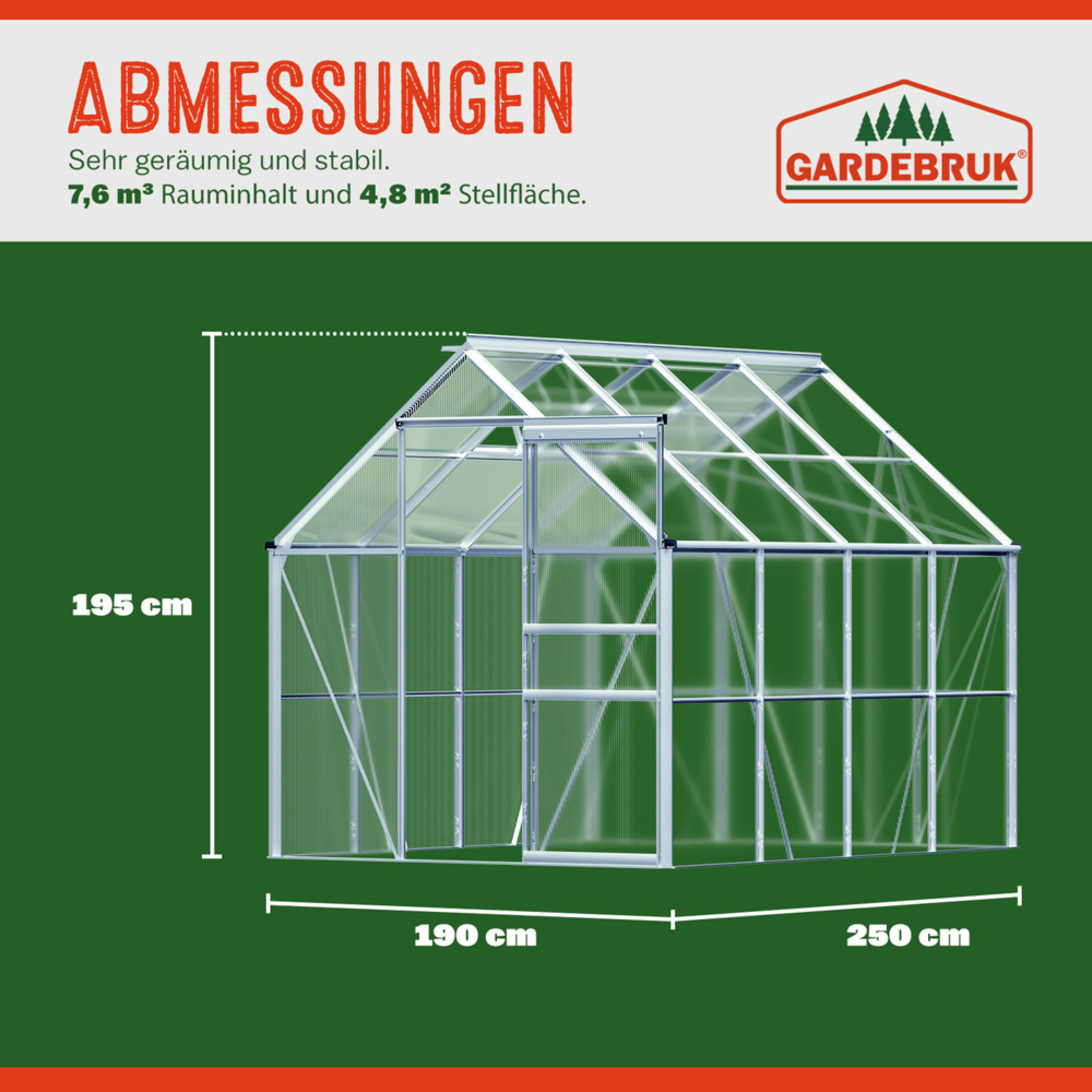 Gardebruk Aluminium-Gewächshaus mit 2 Dachfenstern, 4,75 m², 250x190 cm Bild 1
