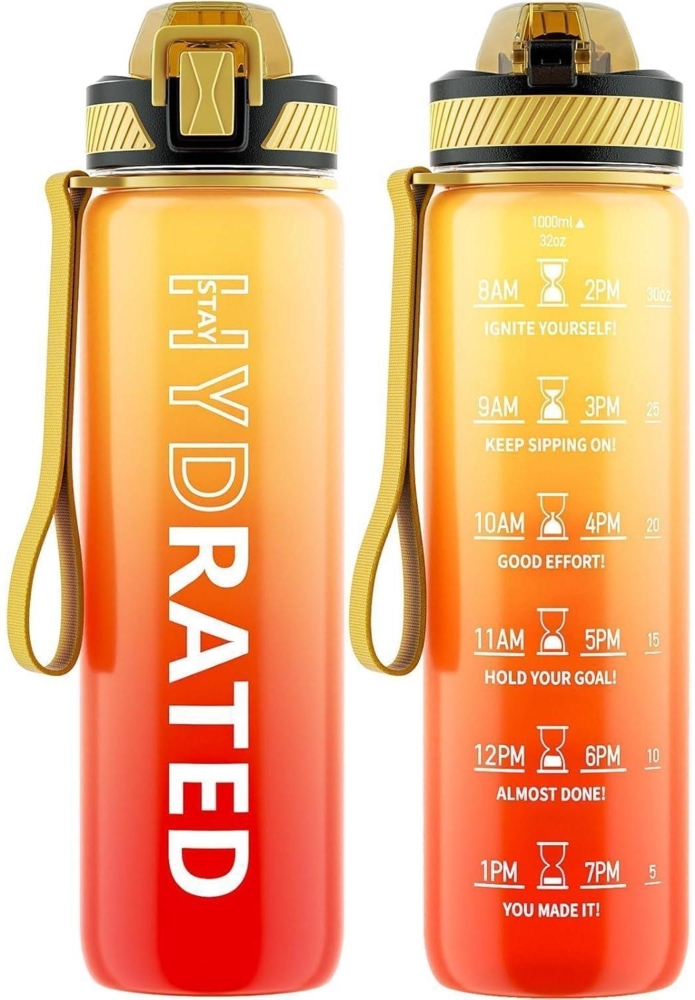 QLUR Trinkflasche 1L BPA-Frei Tritan Wasserflasche Strohhalm Zeitmarkierung Gelb Bild 1