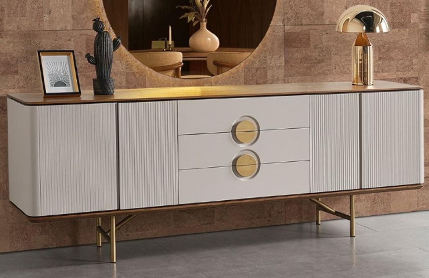 Casa Padrino Luxus Sideboard Hellgrau / Braun / Messing 220 x 50 x H. 80 cm - Massivholz Schrank mit 4 Türen und 3 Schubladen - Massivholz Möbel - Luxus Möbel - Luxus Einrichtung Bild 1