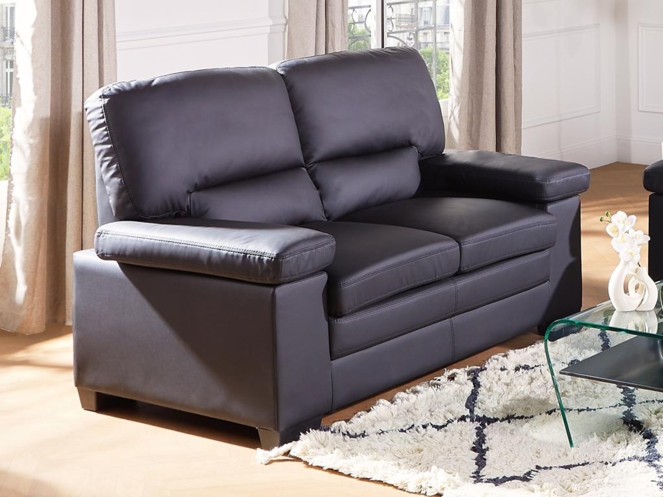 Vente-unique - Ledersofa 2-Sitzer - Büffelleder - Schwarz - MIMAS Bild 1