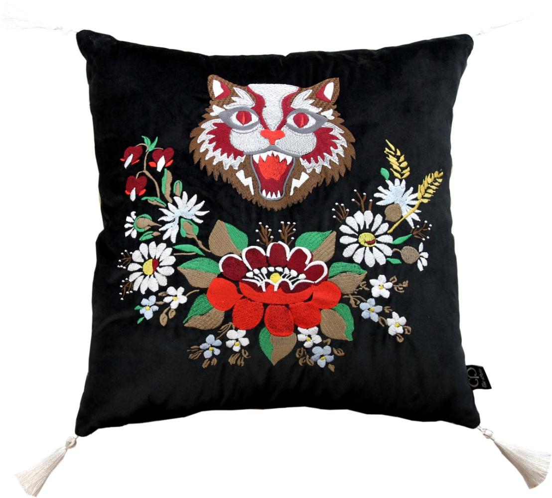 Casa Padrino Luxus Deko Kissen mit Troddeln Cat Schwarz / Weiß 45 x 45 cm - Feinster Samtstoff - Wohnzimmer Kissen Bild 1