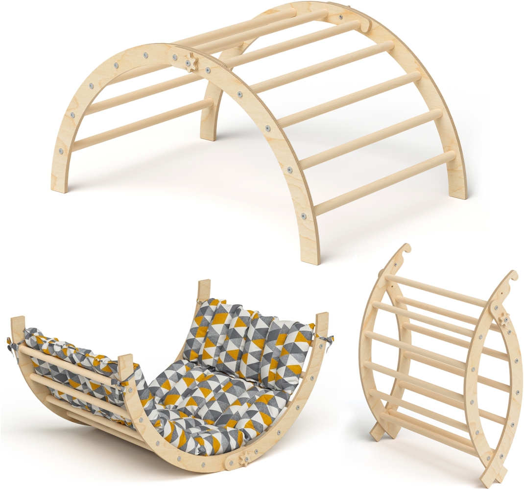 Bellabino 'Ruki' 2in1 Kletterbogen und Wippe zusammenklappbar, inkl. Matratze "Dreiecke", natur lackiert, Buche Massivholz Bild 1