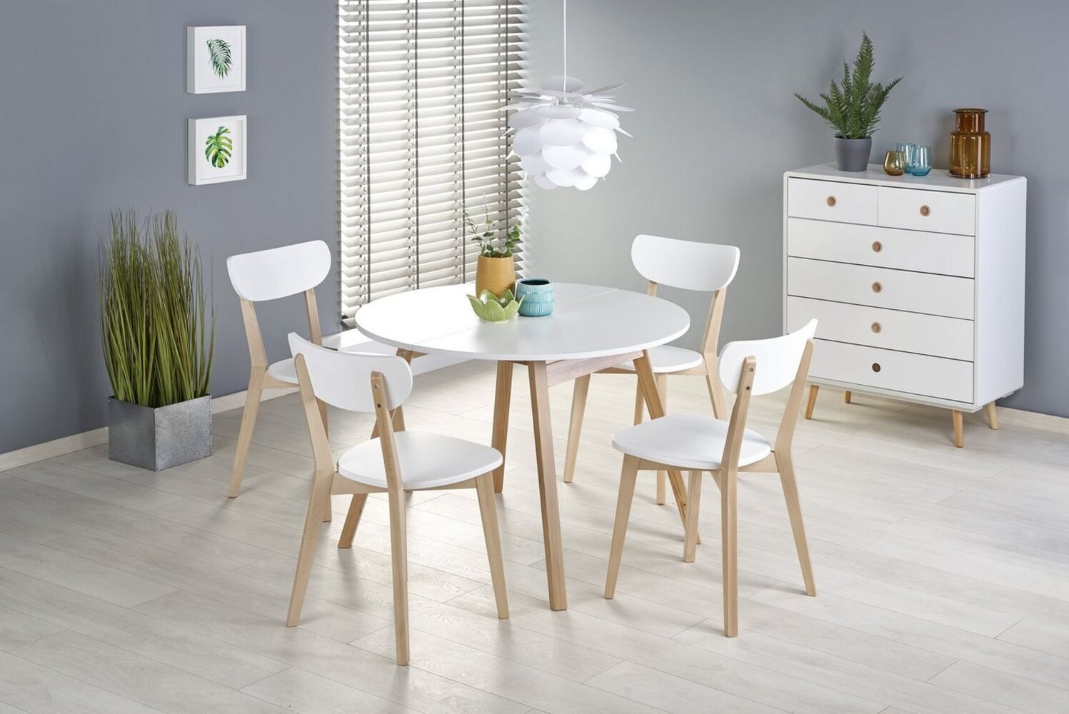 designimpex Esstisch Design HAR-111 Tisch Weiß matt - Honigeiche rund ausziehbar 102-142cm Bild 1