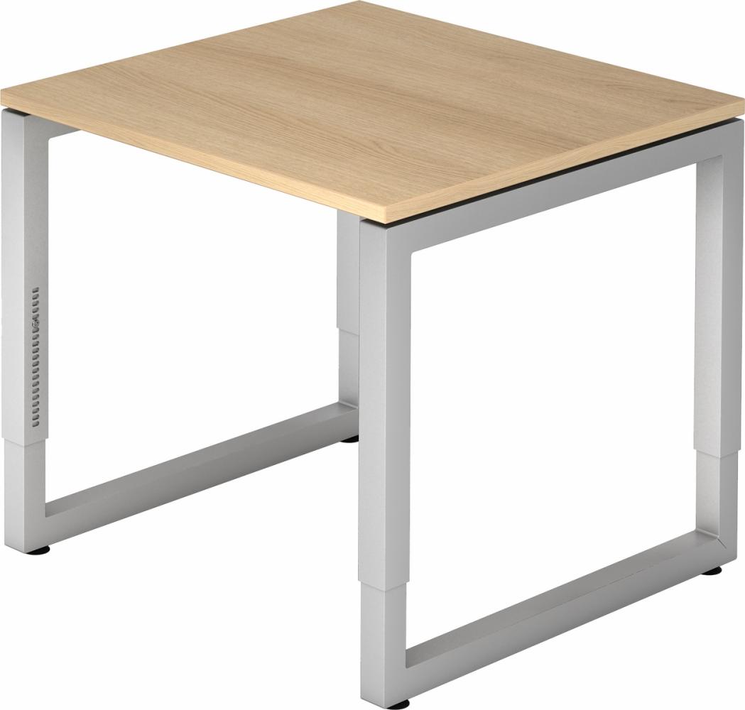 bümö höhenverstellbarer Schreibtisch R-Serie 80x80 cm in Eiche, Gestell in Silber - PC Tisch klein für's Büro manuell höhenverstellbar, Computertisch verstellbar, RS-08-E-S Bild 1