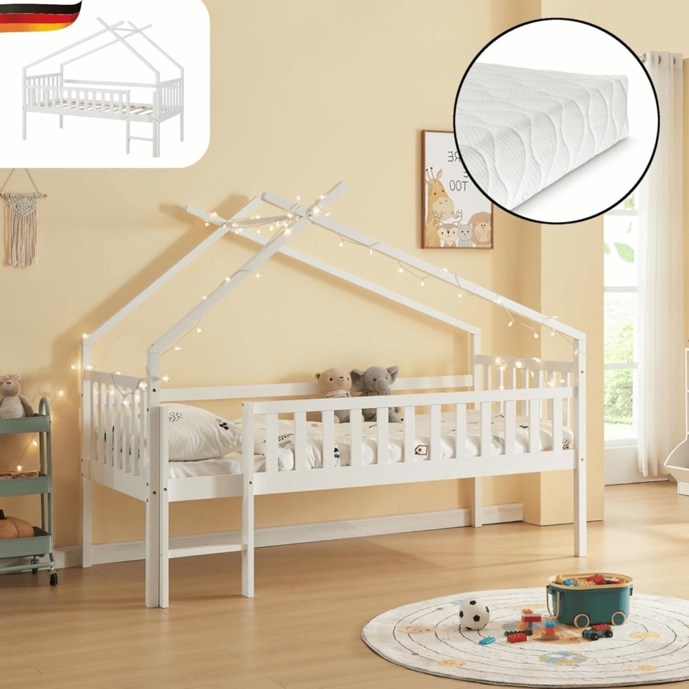 DELUKE® Kinderbett 90x200 SIUN - mit Matratze Lattenrost Rausfallschutz Haus-Optik Kiefernholz Einzelbett aus Holz Hausbett Kinderzimmer Montessori Bett Weiß Bild 1