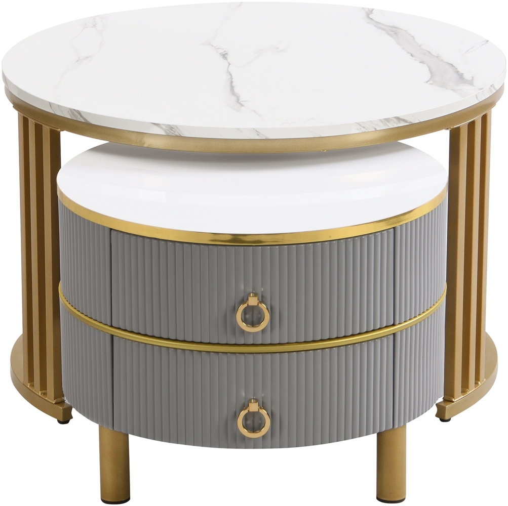Couchtisch-Set 70x70x46 & 50x50x40 cm, MDF mit Marmordekor, hochglänzende Oberfläche, 2 runde Tische mit Schubladen，Gold und Grau Bild 1