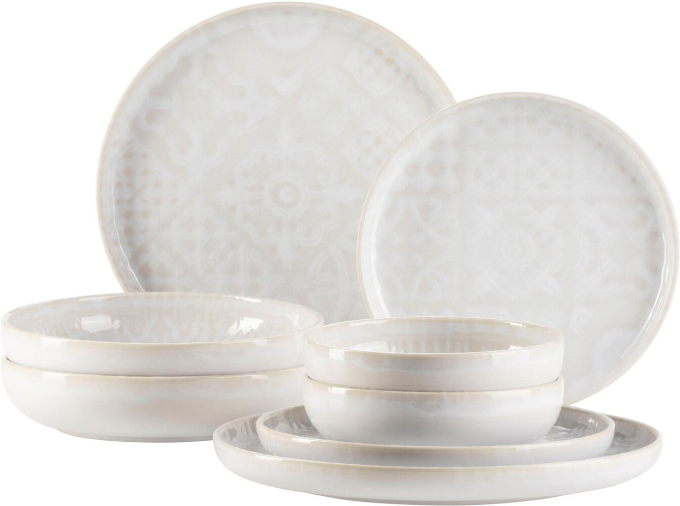 Modernes Vintage Geschirr Set fr 2 Personen in maurischem Design, 8-teiliges Tafelservice mit Tellern und Schalen aus hochwertiger Keramik; Form Uno; Wei Bild 1
