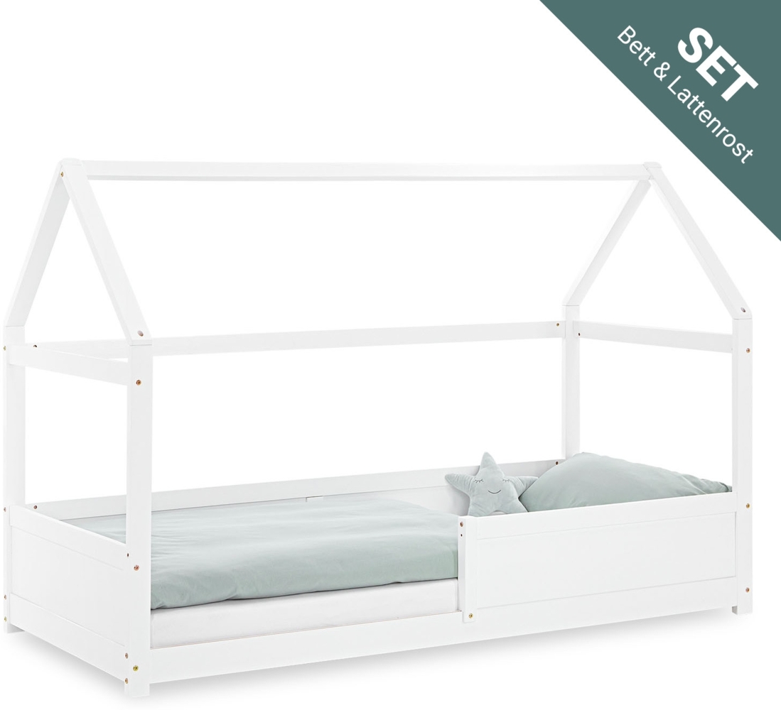 Kinderbett 90x200 cm Bodenbett Hausbett Holzbett Rausfallschutz Montessori Bett Weiß Kleinkinderbett Lattenrost Bild 1