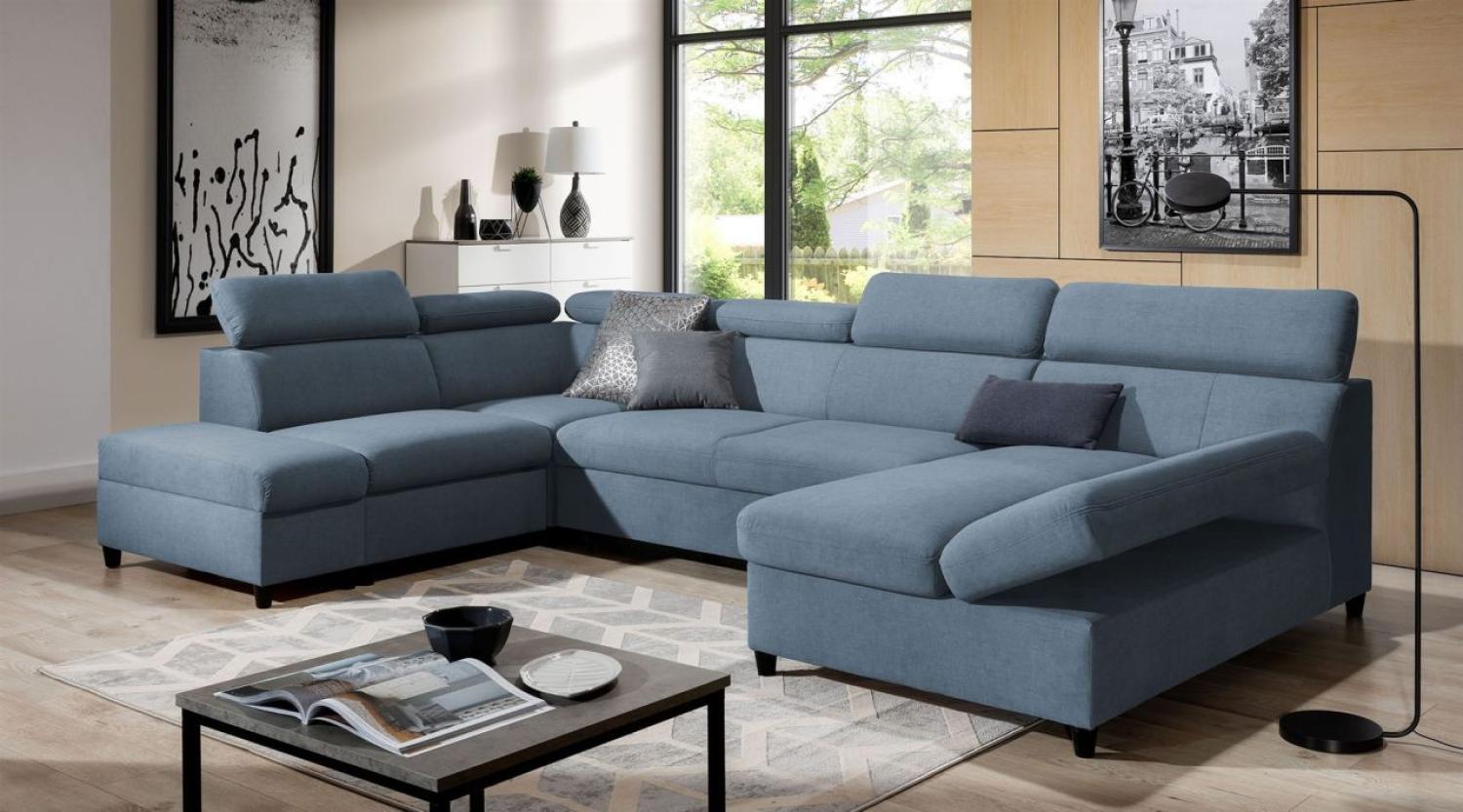 Wohnlandschaft Schlafsofa Sofa ANTON in Stoff Esito Hellblau Ottomane Rechts Bild 1