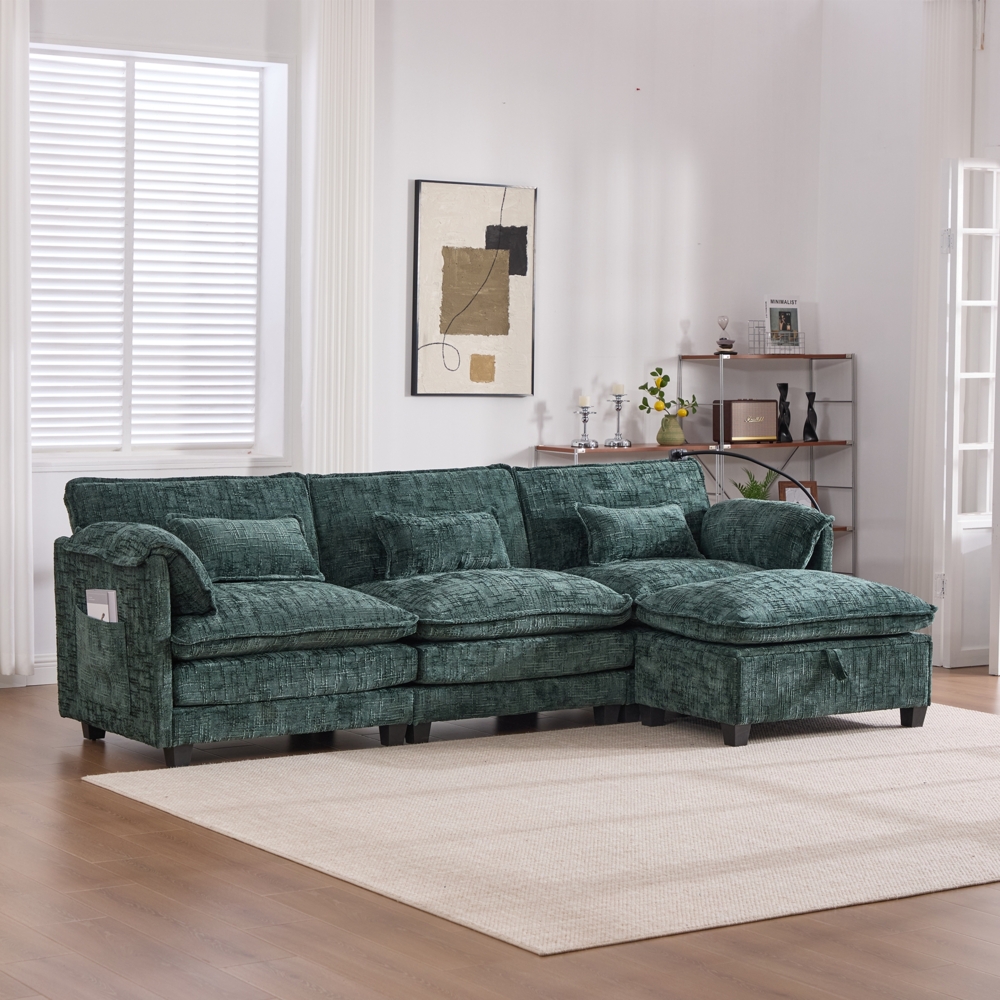 LVHOM 3-Sitzer Sofa mit Hocker, L-Form Ecksofa mit Stauraum, Modulares Sofa mit USB-C-Anschluss, Handyhalter und Seitentaschen, weiche Chenille-Stoff, Couchgarnitur, Grün Bild 1