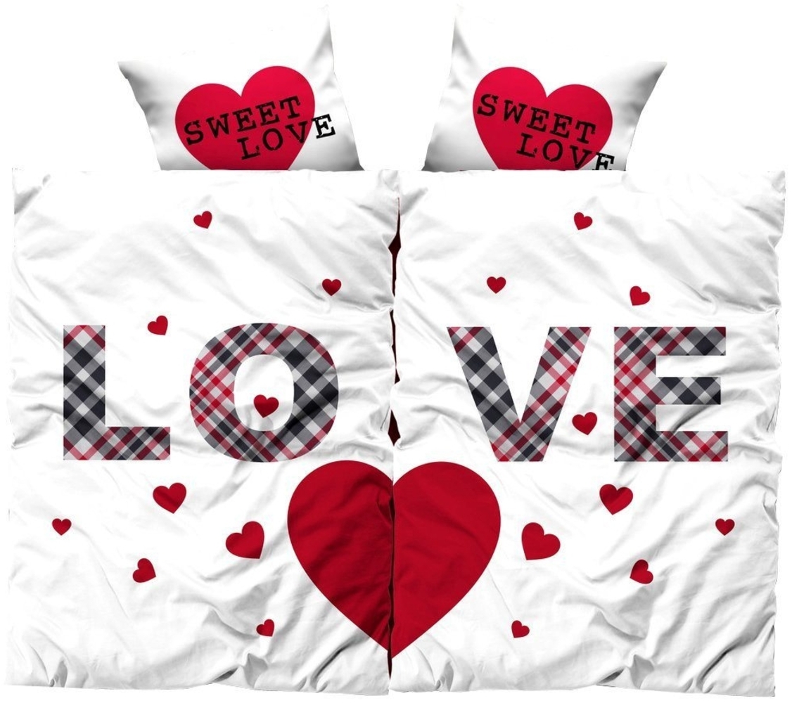 Visaggio Bettwäsche Partnerbettwäsche Mikrofaser 135x200 cm 4 teilig, Microfaser, 4 teilig, Partnerbettwäsche mit Love-Schriftzug und Herzen Bild 1