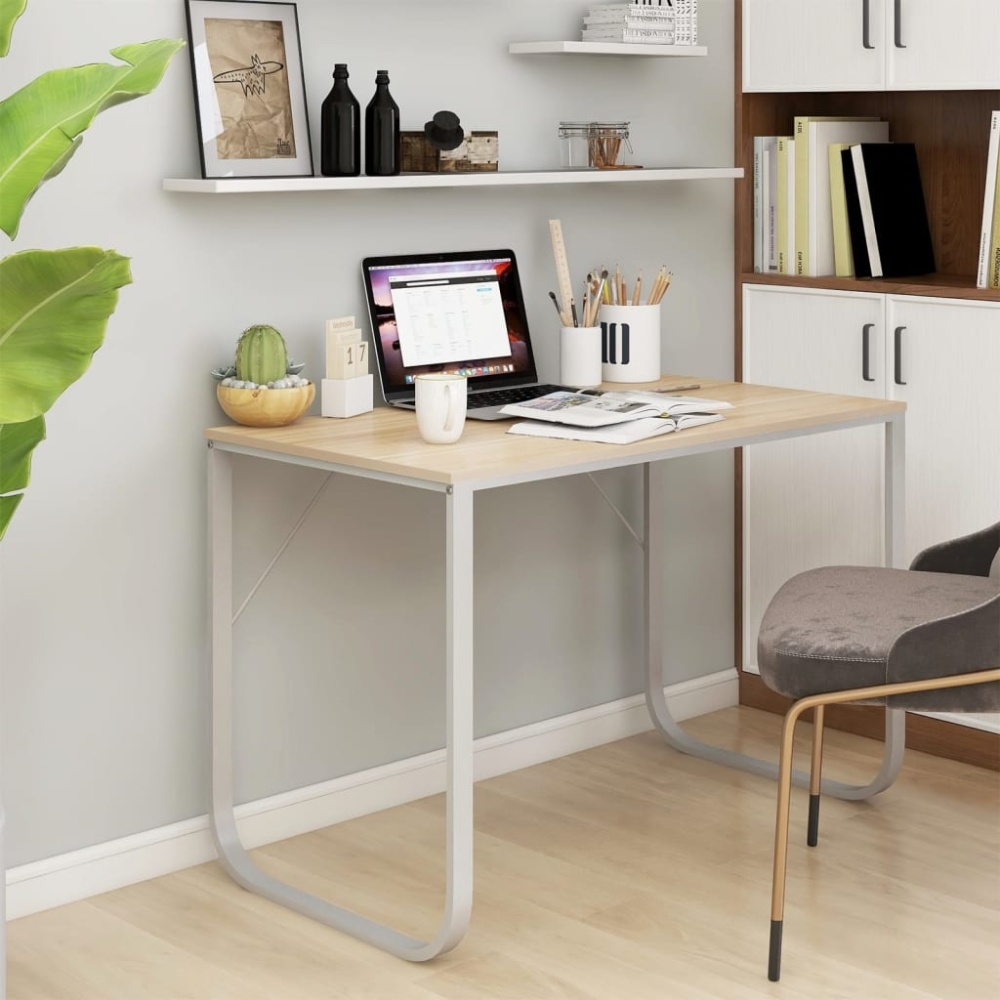 vidaXL Computertisch Weiß und Eiche-Optik 110 x 60 x 73 cm Spanplatte [30202] Bild 1