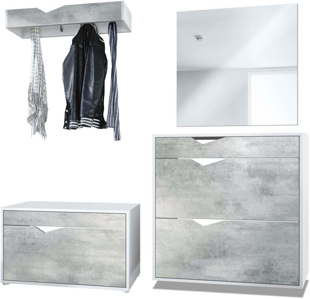 Garderobe Kolmio 190 x 185 x 33 cm Flurgarderoben Set, Korpus in Weiß Matt, Fronten in Beton Oxid Optik Bild 1