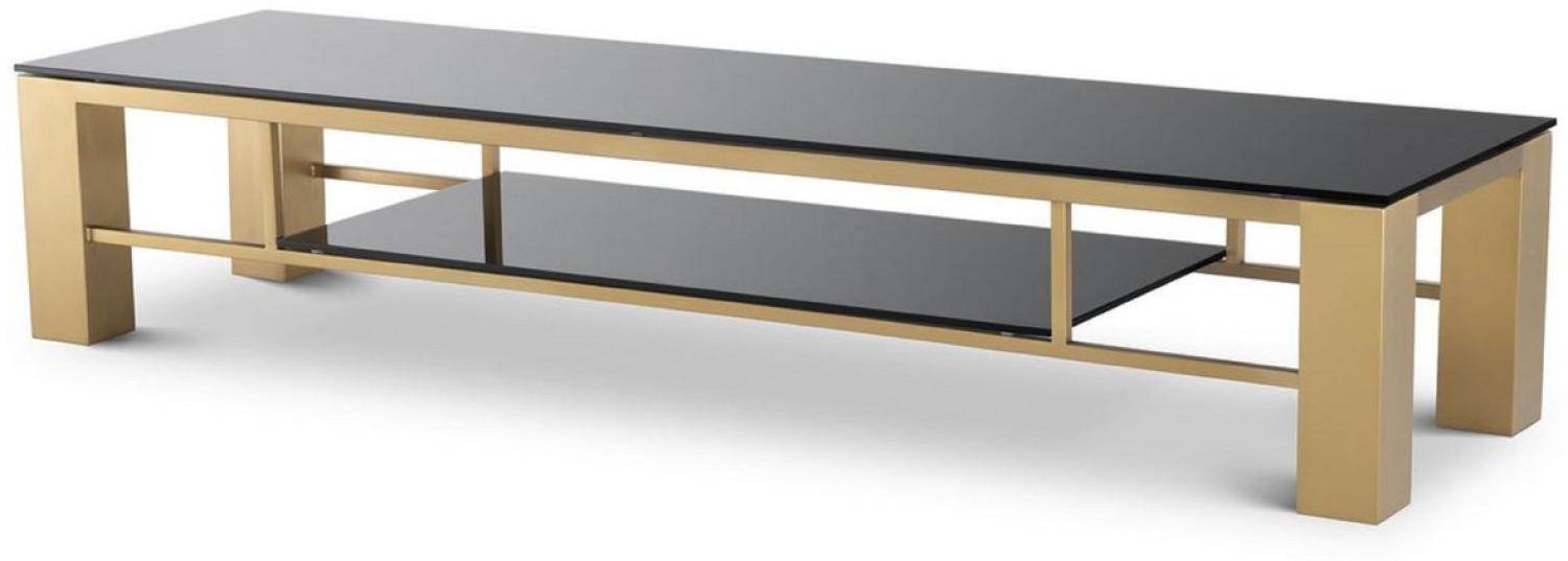 Casa Padrino Luxus TV Schrank Messingfarben / Schwarz 195 x 55 x H. 38 cm - Edelstahl Sideboard mit Glasplatten - Luxus Wohnzimmer Möbel Bild 1