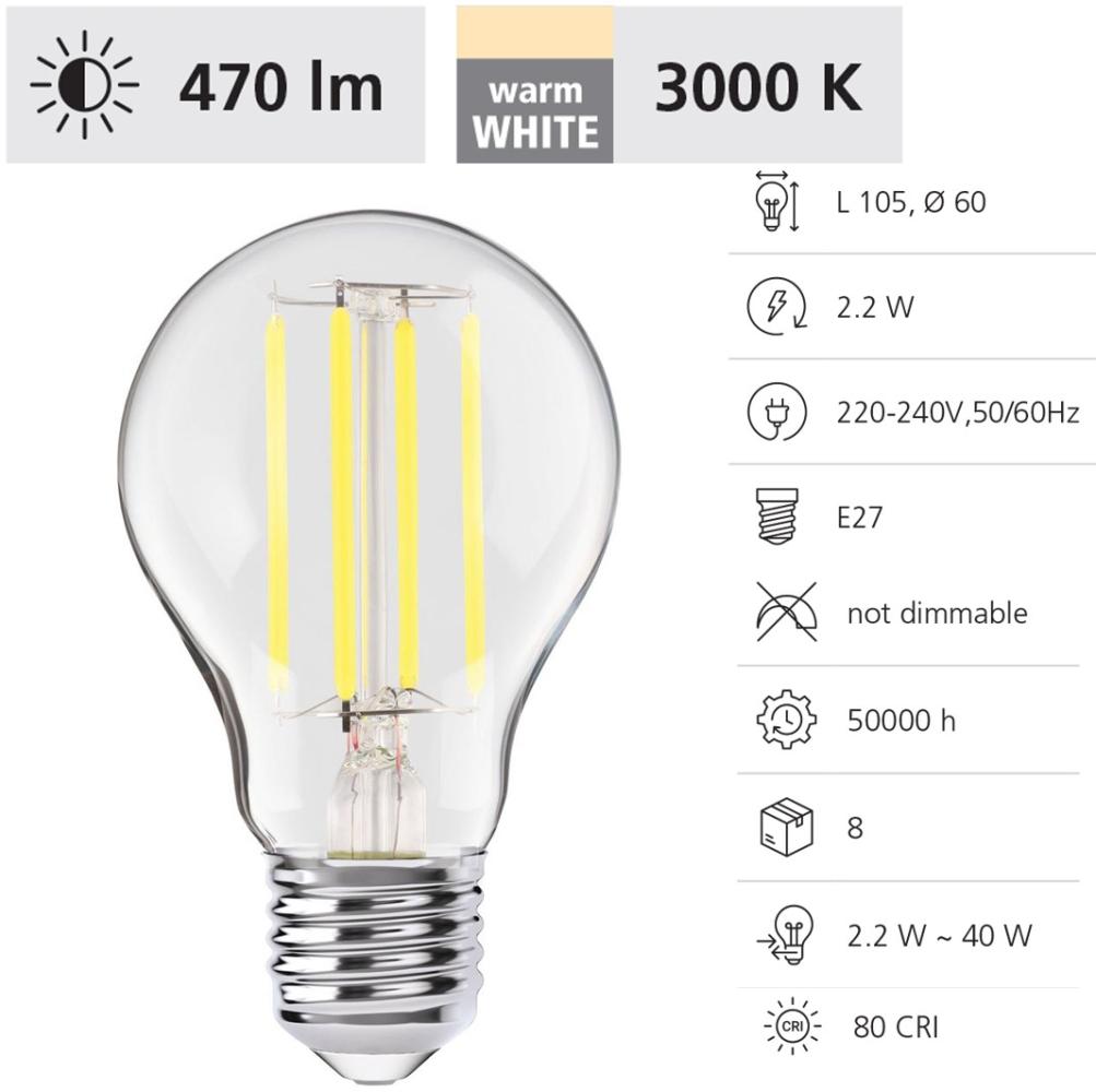 Eglo 110241 LED Filament Leuchtmittel E27 Glas klar 1X2,2W 3000K L:10. 5cm Ø6cm Bild 1