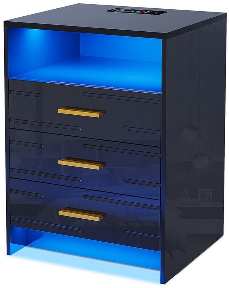 LVifur Nachttisch RGB Nachtschrank mit 20 Farben LED, kabelloser Ladestation, USB Typ-C (1-St), 3 Schubladen/offenes Fach, Bewegungssensor, 40Tx45Bx61H cm, schwarz Bild 1