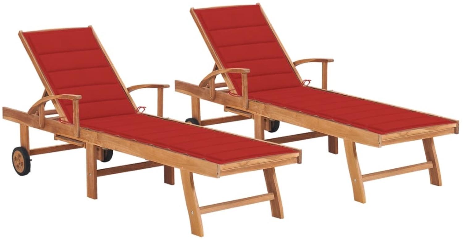 vidaXL Sonnenliegen 2 Stk. mit Auflagen Rot Massivholz Teak 3073192 Bild 1